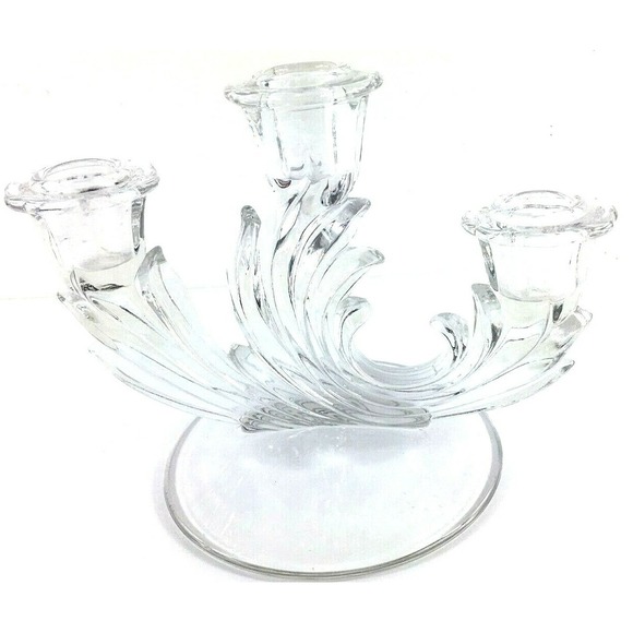 Fostoria American 3 Light Baroque Style Candlestick Candle Holder Vintage Glass - Picture 2 of 2